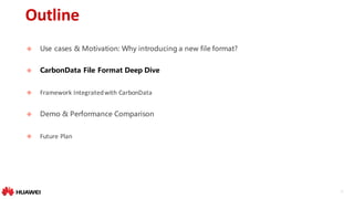 9
Outline
u Use cases & Motivation: Why introducing a new file format?
u CarbonData File Format Deep Dive
u Framework	Integrated	with	CarbonData
u Demo & Performance Comparison
u Future	Plan
 