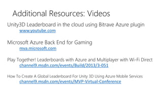 Additional Resources: Videos
Unity3D Leaderboard in the cloud using Bitrave Azure plugin
www.youtube.com
Microsoft Azure Back End for Gaming
mva.microsoft.com
Play Together! Leaderboards with Azure and Multiplayer with Wi-Fi Direct
channel9.msdn.com/events/Build/2013/3-051
How To Create A Global Leaderboard For Unity 3D Using Azure Mobile Services
channel9.msdn.com/events/MVP-Virtual-Conference
 