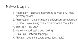 Network Layers
1. Application – access to networking services (IPC, mail,
directory services)
2. Presentation – data formatting, encryption, compression
3. Session – maintaining connection between computers
4. Transport – TCP/UDP
5. Network – addressing and routing
6. Data Link – network topology
7. Physical – actual hardware (wire, fiber, radio)
 