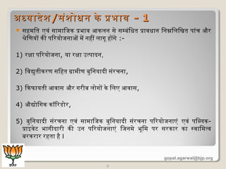  सहमित एवं सामािजक प्रभाव आकलन से सम्बंिधित प्रावधिान िनम्नलिलिखत पांच और
श्रेिणयों की पिरयोजनाओं में नहीं लागूम होंगे :-
1) रक्षा पिरयोजना, या रक्षा उत्पादन,
2) िवद्युतीकरण सिहत ग्रामीण बुिनयादी संरचना,
3) िकफायती आवास और गरीब लोगों के िलए आवास,
4) औद्योिगक कॉरिरडोर,
5) बुिनयादी संरचना एवं सामािजक बुिनयादी संरचना पिरयोजनाएं एवं पिब्लक-
प्राइवेट भागीदारी की उन पिरयोजनाएं िजनमे भूमिम पर सरकार का स्वािमत्व
बरकरार रहता है I
9
अधधयादेशअधधयादेश//संशोधिन के प्रभावसंशोधिन के प्रभाव -- 11
gopal.agarwal@bjp.org
 
