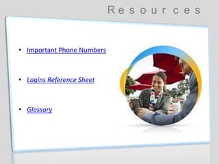 R e s o u r c e s
• Important Phone Numbers
• Logins Reference Sheet
• Glossary
 