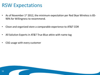 RSW Expectations
• As of November 1st 2012, the minimum expectation per Red Skye Wireless is 85-
90% for Willingness to recommend.
• Clean and organized store a comparable experience to AT&T COR
• All Solution Experts in AT&T True Blue attire with name tag
• CSG usage with every customer
59
 