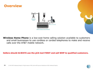 © 2010 AT&T Intellectual Property. All rights reserved. AT&T and the AT&T logo are trademarks of AT&T Intellectual Property.
Wireless Home Phone is a low-cost home calling solution available to customers
and small businesses to use cordless or corded telephones to make and receive
calls over the AT&T mobile network.
Sellers should ALWAYS use the pCA tool FIRST and sell WHP to qualified customers.
Overview
86
 