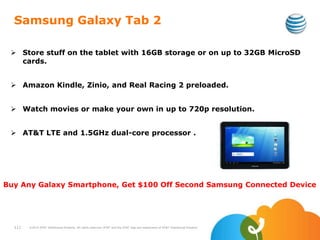 Samsung Galaxy Tab 2
 Store stuff on the tablet with 16GB storage or on up to 32GB MicroSD
cards.
 Amazon Kindle, Zinio, and Real Racing 2 preloaded.
 Watch movies or make your own in up to 720p resolution.
 AT&T LTE and 1.5GHz dual-core processor .
111 ©2010 AT&T Intellectual Property. All rights reserved. AT&T and the AT&T logo are trademarks of AT&T Intellectual Property.
Buy Any Galaxy Smartphone, Get $100 Off Second Samsung Connected Device
 