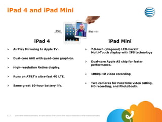 iPad 4 and iPad Mini
 AirPlay Mirroring to Apple TV .
 Dual-core A6X with quad-core graphics.
 High-resolution Retina display.
 Runs on AT&T's ultra-fast 4G LTE.
 Same great 10-hour battery life.
 7.9-inch (diagonal) LED-backlit
Multi-Touch display with IPS technology
 Dual-core Apple A5 chip for faster
performance.
 1080p HD video recording
 Two cameras for FaceTime video calling,
HD recording, and PhotoBooth.
iPad Mini
112 ©2010 AT&T Intellectual Property. All rights reserved. AT&T and the AT&T logo are trademarks of AT&T Intellectual Property.
iPad 4
 