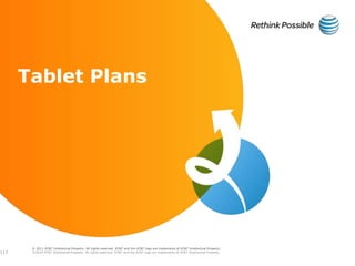 © 2011 AT&T Intellectual Property. All rights reserved. AT&T and the AT&T logo are trademarks of AT&T Intellectual Property.
Tablet Plans
©2010 AT&T Intellectual Property. All rights reserved. AT&T and the AT&T logo are trademarks of AT&T Intellectual Property.113
 