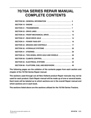 87018730 6/02 2002 NEW HOLLAND NORTH AMERICA, INC.
Printed In U.S.A.
70/70A SERIES REPAIR MANUAL
COMPLETE CONTENTS
SECTION 00 - GENERAL INFORMATION 2. . . . . . . . . . . . . . . . . . . . . . . . . . . . .
SECTION 10 - ENGINE 2. . . . . . . . . . . . . . . . . . . . . . . . . . . . . . . . . . . . . . . . . . . . . .
SECTION 21 - TRANSMISSION 7. . . . . . . . . . . . . . . . . . . . . . . . . . . . . . . . . . . . . . .
SECTION 23 - DRIVE LINES 12. . . . . . . . . . . . . . . . . . . . . . . . . . . . . . . . . . . . . . . . . .
SECTION 25 - FRONT MECHANICAL DRIVE 12. . . . . . . . . . . . . . . . . . . . . . . . . . .
SECTION 27 - REAR DRIVE AXLE 15. . . . . . . . . . . . . . . . . . . . . . . . . . . . . . . . . . . .
SECTION 31 - POWER TAKE-OFF 16. . . . . . . . . . . . . . . . . . . . . . . . . . . . . . . . . . . .
SECTION 33 - BRAKES AND CONTROLS 17. . . . . . . . . . . . . . . . . . . . . . . . . . . . .
SECTION 35 - HYDRAULIC SYSTEMS 20. . . . . . . . . . . . . . . . . . . . . . . . . . . . . . . .
SECTION 41 - STEERING 29. . . . . . . . . . . . . . . . . . . . . . . . . . . . . . . . . . . . . . . . . . . .
SECTION 44 - TWO-WHEEL DRIVE AXLE AND WHEELS 30. . . . . . . . . . . . . . .
SECTION 50 - CLIMATE CONTROL 32. . . . . . . . . . . . . . . . . . . . . . . . . . . . . . . . . . .
SECTION 55 - ELECTRICAL SYSTEMS 33. . . . . . . . . . . . . . . . . . . . . . . . . . . . . . .
SECTION 90 - PLATFORM, CAB, AND BODYWORK 40. . . . . . . . . . . . . . . . . . . .
The following pages are the collation of the contents pages from each section and
chapter of the 70/70A Series Repair manual.
The sections used through out all New Holland product Repair manuals may not be
used for each product. Each Repair manual will be made up of one or several books.
Each book will be labeled as to which sections are in the overall Repair manual and
which sections are in each book.
The sections listed above are the sections utilized for the 70/70A Series Tractors.
 