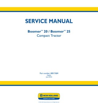 © 2016 CNH Industrial America LLC. All Rights Reserved.
SERVICE MANUAL
BoomerTM
20 / BoomerTM
25
Compact Tractor
Part number 48017684
English
June 2016
SERVICE
MANUAL
BoomerTM
20
BoomerTM
25
Compact Tractor
Part number 48017684
 