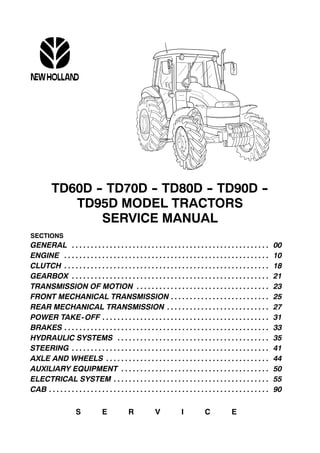 TD60D -
- TD70D -
- TD80D -
- TD90D -
-
TD95D MODEL TRACTORS
SERVICE MANUAL
SECTIONS
GENERAL 00
. . . . . . . . . . . . . . . . . . . . . . . . . . . . . . . . . . . . . . . . . . . . . . . . . . . .
ENGINE 10
. . . . . . . . . . . . . . . . . . . . . . . . . . . . . . . . . . . . . . . . . . . . . . . . . . . . . .
CLUTCH 18
. . . . . . . . . . . . . . . . . . . . . . . . . . . . . . . . . . . . . . . . . . . . . . . . . . . . . .
GEARBOX 21
. . . . . . . . . . . . . . . . . . . . . . . . . . . . . . . . . . . . . . . . . . . . . . . . . . . .
TRANSMISSION OF MOTION 23
. . . . . . . . . . . . . . . . . . . . . . . . . . . . . . . . . . .
FRONT MECHANICAL TRANSMISSION 25
. . . . . . . . . . . . . . . . . . . . . . . . . .
REAR MECHANICAL TRANSMISSION 27
. . . . . . . . . . . . . . . . . . . . . . . . . . .
POWER TAKE-OFF 31
. . . . . . . . . . . . . . . . . . . . . . . . . . . . . . . . . . . . . . . . . . . .
BRAKES 33
. . . . . . . . . . . . . . . . . . . . . . . . . . . . . . . . . . . . . . . . . . . . . . . . . . . . . .
HYDRAULIC SYSTEMS 35
. . . . . . . . . . . . . . . . . . . . . . . . . . . . . . . . . . . . . . . .
STEERING 41
. . . . . . . . . . . . . . . . . . . . . . . . . . . . . . . . . . . . . . . . . . . . . . . . . . . .
AXLE AND WHEELS 44
. . . . . . . . . . . . . . . . . . . . . . . . . . . . . . . . . . . . . . . . . . .
AUXILIARY EQUIPMENT 50
. . . . . . . . . . . . . . . . . . . . . . . . . . . . . . . . . . . . . . .
ELECTRICAL SYSTEM 55
. . . . . . . . . . . . . . . . . . . . . . . . . . . . . . . . . . . . . . . . .
CAB 90
. . . . . . . . . . . . . . . . . . . . . . . . . . . . . . . . . . . . . . . . . . . . . . . . . . . . . . . . . .
S E R V I C E
 