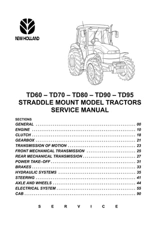 TD60 – TD70 – TD80 – TD90 – TD95
STRADDLE MOUNT MODEL TRACTORS
SERVICE MANUAL
SECTIONS
GENERAL 00. . . . . . . . . . . . . . . . . . . . . . . . . . . . . . . . . . . . . . . . . . . . . . . . . . . . .
ENGINE 10. . . . . . . . . . . . . . . . . . . . . . . . . . . . . . . . . . . . . . . . . . . . . . . . . . . . . . .
CLUTCH 18. . . . . . . . . . . . . . . . . . . . . . . . . . . . . . . . . . . . . . . . . . . . . . . . . . . . . . .
GEARBOX 21. . . . . . . . . . . . . . . . . . . . . . . . . . . . . . . . . . . . . . . . . . . . . . . . . . . . .
TRANSMISSION OF MOTION 23. . . . . . . . . . . . . . . . . . . . . . . . . . . . . . . . . . . .
FRONT MECHANICAL TRANSMISSION 25. . . . . . . . . . . . . . . . . . . . . . . . . .
REAR MECHANICAL TRANSMISSION 27. . . . . . . . . . . . . . . . . . . . . . . . . . . .
POWER TAKE–OFF 31. . . . . . . . . . . . . . . . . . . . . . . . . . . . . . . . . . . . . . . . . . . . .
BRAKES 33. . . . . . . . . . . . . . . . . . . . . . . . . . . . . . . . . . . . . . . . . . . . . . . . . . . . . . .
HYDRAULIC SYSTEMS 35. . . . . . . . . . . . . . . . . . . . . . . . . . . . . . . . . . . . . . . . .
STEERING 41. . . . . . . . . . . . . . . . . . . . . . . . . . . . . . . . . . . . . . . . . . . . . . . . . . . . .
AXLE AND WHEELS 44. . . . . . . . . . . . . . . . . . . . . . . . . . . . . . . . . . . . . . . . . . . .
ELECTRICAL SYSTEM 55. . . . . . . . . . . . . . . . . . . . . . . . . . . . . . . . . . . . . . . . . .
CAB 90. . . . . . . . . . . . . . . . . . . . . . . . . . . . . . . . . . . . . . . . . . . . . . . . . . . . . . . . . . .
S E R V I C E
 