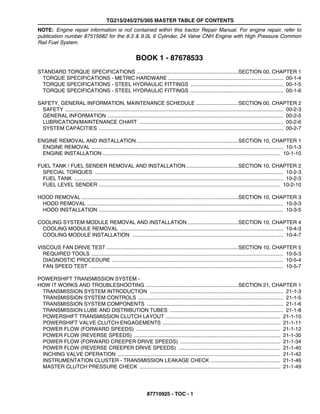 TG215/245/275/305 MASTER TABLE OF CONTENTS
87710925 - TOC - 1
NOTE: Engine repair information is not contained within this tractor Repair Manual. For engine repair, refer to
publication number 87515682 for the 8.3 & 9.0L 6 Cylinder, 24 Valve CNH Engine with High Pressure Common
Rail Fuel System.
BOOK 1 - 87678533
STANDARD TORQUE SPECIFICATIONS ......................................................................SECTION 00, CHAPTER 1
TORQUE SPECIFICATIONS - METRIC HARDWARE ............................................................................... 00-1-4
TORQUE SPECIFICATIONS - STEEL HYDRAULIC FITTINGS ................................................................ 00-1-5
TORQUE SPECIFICATIONS - STEEL HYDRAULIC FITTINGS ................................................................ 00-1-6
SAFETY, GENERAL INFORMATION, MAINTENANCE SCHEDULE .............................SECTION 00, CHAPTER 2
SAFETY ...................................................................................................................................................... 00-2-3
GENERAL INFORMATION ......................................................................................................................... 00-2-5
LUBRICATION/MAINTENANCE CHART ................................................................................................... 00-2-6
SYSTEM CAPACITIES ............................................................................................................................... 00-2-7
ENGINE REMOVAL AND INSTALLATION......................................................................SECTION 10, CHAPTER 1
ENGINE REMOVAL .................................................................................................................................... 10-1-3
ENGINE INSTALLATION .......................................................................................................................... 10-1-10
FUEL TANK / FUEL SENDER REMOVAL AND INSTALLATION....................................SECTION 10, CHAPTER 2
SPECIAL TORQUES .................................................................................................................................. 10-2-3
FUEL TANK ................................................................................................................................................ 10-2-3
FUEL LEVEL SENDER ............................................................................................................................. 10-2-10
HOOD REMOVAL ............................................................................................................SECTION 10, CHAPTER 3
HOOD REMOVAL ....................................................................................................................................... 10-3-3
HOOD INSTALLATION ............................................................................................................................... 10-3-5
COOLING SYSTEM MODULE REMOVAL AND INSTALLATION ...................................SECTION 10, CHAPTER 4
COOLING MODULE REMOVAL ................................................................................................................ 10-4-3
COOLING MODULE INSTALLATION ........................................................................................................ 10-4-7
VISCOUS FAN DRIVE TEST...........................................................................................SECTION 10, CHAPTER 5
REQUIRED TOOLS .................................................................................................................................... 10-5-3
DIAGNOSTIC PROCEDURE ...................................................................................................................... 10-5-4
FAN SPEED TEST ..................................................................................................................................... 10-5-7
POWERSHIFT TRANSMISSION SYSTEM -
HOW IT WORKS AND TROUBLESHOOTING ................................................................SECTION 21, CHAPTER 1
TRANSMISSION SYSTEM INTRODUCTION ............................................................................................ 21-1-3
TRANSMISSION SYSTEM CONTROLS .................................................................................................... 21-1-5
TRANSMISSION SYSTEM COMPONENTS .............................................................................................. 21-1-6
TRANSMISSION LUBE AND DISTRIBUTION TUBES .............................................................................. 21-1-8
POWERSHIFT TRANSMISSION CLUTCH LAYOUT ............................................................................... 21-1-10
POWERSHIFT VALVE CLUTCH ENGAGEMENTS ................................................................................. 21-1-11
POWER FLOW (FORWARD SPEEDS) ................................................................................................... 21-1-12
POWER FLOW (REVERSE SPEEDS) ..................................................................................................... 21-1-30
POWER FLOW (FORWARD CREEPER DRIVE SPEEDS) ..................................................................... 21-1-34
POWER FLOW (REVERSE CREEPER DRIVE SPEEDS) ...................................................................... 21-1-40
INCHING VALVE OPERATION ................................................................................................................ 21-1-42
INSTRUMENTATION CLUSTER - TRANSMISSION LEAKAGE CHECK ................................................ 21-1-46
MASTER CLUTCH PRESSURE CHECK ................................................................................................. 21-1-49
 