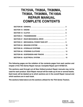 87582128 8/06
Replaces 87058850
© 2006 CNH America LLC
Printed In U.S.A.
TK75VA, TK80A, TK80MA,
TK90A, TK90MA, TK100A
REPAIR MANUAL
COMPLETE CONTENTS
SECTION 00 - GENERAL 2. . . . . . . . . . . . . . . . . . . . . . . . . . . . . . . . . . . . . . . . . . . .
SECTION 10 - ENGINE 3. . . . . . . . . . . . . . . . . . . . . . . . . . . . . . . . . . . . . . . . . . . . . .
SECTION 18 - CLUTCH 6. . . . . . . . . . . . . . . . . . . . . . . . . . . . . . . . . . . . . . . . . . . . . .
SECTION 21 - TRANSMISSIONS 7. . . . . . . . . . . . . . . . . . . . . . . . . . . . . . . . . . . . .
SECTION 27 - REAR MECHANICAL DRIVE 7. . . . . . . . . . . . . . . . . . . . . . . . . . . .
SECTION 31 - MECHANICAL POWER TAKE-OFF 9. . . . . . . . . . . . . . . . . . . . . .
SECTION 33 - BRAKING SYSTEM 10. . . . . . . . . . . . . . . . . . . . . . . . . . . . . . . . . . . .
SECTION 35 - HYDRAULIC SYSTEMS 11. . . . . . . . . . . . . . . . . . . . . . . . . . . . . . . .
SECTION 46 - STEERING CLUTCHES 13. . . . . . . . . . . . . . . . . . . . . . . . . . . . . . . .
SECTION 48 - SUSPENSION AND TRACKS 14. . . . . . . . . . . . . . . . . . . . . . . . . . .
SECTION 55 - ELECTRICAL SYSTEM 15. . . . . . . . . . . . . . . . . . . . . . . . . . . . . . . . .
The following pages are the collation of the contents pages from each section and
chapter of the TKA Series Repair manual. Complete Repair part # 87582124.
The sections used through out all New Holland product Repair manuals may not be
used for each product. Each Repair manual will be made up of one or several books.
Each book will be labeled as to which sections are in the overall Repair manual and
which sections are in each book.
The sections listed above are the sections utilized for the TKA Series Tractors.
 