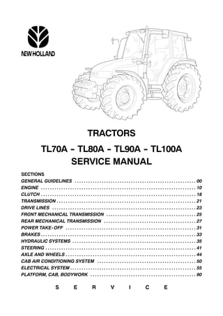 TRACTORS
TL70A -
- TL80A -
- TL90A -
- TL100A
SERVICE MANUAL
SECTIONS
GENERAL GUIDELINES 00
. . . . . . . . . . . . . . . . . . . . . . . . . . . . . . . . . . . . . . . . . . . . . . . . . . . . . .
ENGINE 10
. . . . . . . . . . . . . . . . . . . . . . . . . . . . . . . . . . . . . . . . . . . . . . . . . . . . . . . . . . . . . . . . . . . . .
CLUTCH 18
. . . . . . . . . . . . . . . . . . . . . . . . . . . . . . . . . . . . . . . . . . . . . . . . . . . . . . . . . . . . . . . . . . . . .
TRANSMISSION 21
. . . . . . . . . . . . . . . . . . . . . . . . . . . . . . . . . . . . . . . . . . . . . . . . . . . . . . . . . . . . . .
DRIVE LINES 23
. . . . . . . . . . . . . . . . . . . . . . . . . . . . . . . . . . . . . . . . . . . . . . . . . . . . . . . . . . . . . . . .
FRONT MECHANICAL TRANSMISSION 25
. . . . . . . . . . . . . . . . . . . . . . . . . . . . . . . . . . . . . . . .
REAR MECHANICAL TRANSMISSION 27
. . . . . . . . . . . . . . . . . . . . . . . . . . . . . . . . . . . . . . . . .
POWER TAKE-OFF 31
. . . . . . . . . . . . . . . . . . . . . . . . . . . . . . . . . . . . . . . . . . . . . . . . . . . . . . . . . .
BRAKES 33
. . . . . . . . . . . . . . . . . . . . . . . . . . . . . . . . . . . . . . . . . . . . . . . . . . . . . . . . . . . . . . . . . . . . .
HYDRAULIC SYSTEMS 35
. . . . . . . . . . . . . . . . . . . . . . . . . . . . . . . . . . . . . . . . . . . . . . . . . . . . . . .
STEERING 41
. . . . . . . . . . . . . . . . . . . . . . . . . . . . . . . . . . . . . . . . . . . . . . . . . . . . . . . . . . . . . . . . . . .
AXLE AND WHEELS 44
. . . . . . . . . . . . . . . . . . . . . . . . . . . . . . . . . . . . . . . . . . . . . . . . . . . . . . . . . .
CAB AIR CONDITIONING SYSTEM 50
. . . . . . . . . . . . . . . . . . . . . . . . . . . . . . . . . . . . . . . . . . . .
ELECTRICAL SYSTEM 55
. . . . . . . . . . . . . . . . . . . . . . . . . . . . . . . . . . . . . . . . . . . . . . . . . . . . . . . .
PLATFORM, CAB, BODYWORK 90
. . . . . . . . . . . . . . . . . . . . . . . . . . . . . . . . . . . . . . . . . . . . . . .
S E R V I C E
 