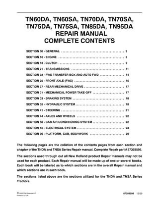 87393598 12/05© 2005 CNH America LLC
Printed In U.S.A.
TN60DA, TN60SA, TN70DA, TN70SA,
TN75DA, TN75SA, TN85DA, TN95DA
REPAIR MANUAL
COMPLETE CONTENTS
SECTION 00 - GENERAL 2. . . . . . . . . . . . . . . . . . . . . . . . . . . . . . . . . . . . . . . . . . . .
SECTION 10 - ENGINE 2. . . . . . . . . . . . . . . . . . . . . . . . . . . . . . . . . . . . . . . . . . . . . .
SECTION 18 - CLUTCH 9. . . . . . . . . . . . . . . . . . . . . . . . . . . . . . . . . . . . . . . . . . . . . .
SECTION 21 - TRANSMISSIONS 11. . . . . . . . . . . . . . . . . . . . . . . . . . . . . . . . . . . . .
SECTION 23 - FWD TRANSFER BOX AND AUTO FWD 14. . . . . . . . . . . . . . . . .
SECTION 25 - FRONT AXLE (FWD) 15. . . . . . . . . . . . . . . . . . . . . . . . . . . . . . . . . . .
SECTION 27 - REAR MECHANICAL DRIVE 17. . . . . . . . . . . . . . . . . . . . . . . . . . . .
SECTION 31 - MECHANICAL POWER TAKE-OFF 17. . . . . . . . . . . . . . . . . . . . . .
SECTION 33 - BRAKING SYSTEM 18. . . . . . . . . . . . . . . . . . . . . . . . . . . . . . . . . . . .
SECTION 35 - HYDRAULIC SYSTEM 18. . . . . . . . . . . . . . . . . . . . . . . . . . . . . . . . . .
SECTION 41 - STEERING 21. . . . . . . . . . . . . . . . . . . . . . . . . . . . . . . . . . . . . . . . . . . .
SECTION 44 - AXLES AND WHEELS 22. . . . . . . . . . . . . . . . . . . . . . . . . . . . . . . . .
SECTION 50 - CAB AIR CONDITIONING SYSTEM 22. . . . . . . . . . . . . . . . . . . . . .
SECTION 55 - ELECTRICAL SYSTEM 23. . . . . . . . . . . . . . . . . . . . . . . . . . . . . . . . .
SECTION 90 - PLATFORM, CAB, BODYWORK 29. . . . . . . . . . . . . . . . . . . . . . . .
The following pages are the collation of the contents pages from each section and
chapter of the TNDA and TNSA Series Repair manual. Complete Repair part # 87393595.
The sections used through out all New Holland product Repair manuals may not be
used for each product. Each Repair manual will be made up of one or several books.
Each book will be labeled as to which sections are in the overall Repair manual and
which sections are in each book.
The sections listed above are the sections utilized for the TNDA and TNSA Series
Tractors.
 