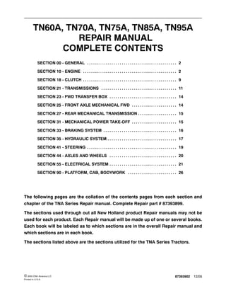 87393902 12/05© 2005 CNH America LLC
Printed In U.S.A.
TN60A, TN70A, TN75A, TN85A, TN95A
REPAIR MANUAL
COMPLETE CONTENTS
SECTION 00 - GENERAL 2. . . . . . . . . . . . . . . . . . . . . . . . . . . . . . . . . . . . . . . . . . . .
SECTION 10 - ENGINE 2. . . . . . . . . . . . . . . . . . . . . . . . . . . . . . . . . . . . . . . . . . . . . .
SECTION 18 - CLUTCH 9. . . . . . . . . . . . . . . . . . . . . . . . . . . . . . . . . . . . . . . . . . . . . .
SECTION 21 - TRANSMISSIONS 11. . . . . . . . . . . . . . . . . . . . . . . . . . . . . . . . . . . . .
SECTION 23 - FWD TRANSFER BOX 14. . . . . . . . . . . . . . . . . . . . . . . . . . . . . . . . .
SECTION 25 - FRONT AXLE MECHANICAL FWD 14. . . . . . . . . . . . . . . . . . . . . .
SECTION 27 - REAR MECHANICAL TRANSMISSION 15. . . . . . . . . . . . . . . . . . .
SECTION 31 - MECHANICAL POWER TAKE-OFF 15. . . . . . . . . . . . . . . . . . . . . .
SECTION 33 - BRAKING SYSTEM 16. . . . . . . . . . . . . . . . . . . . . . . . . . . . . . . . . . . .
SECTION 35 - HYDRAULIC SYSTEM 17. . . . . . . . . . . . . . . . . . . . . . . . . . . . . . . . . .
SECTION 41 - STEERING 19. . . . . . . . . . . . . . . . . . . . . . . . . . . . . . . . . . . . . . . . . . . .
SECTION 44 - AXLES AND WHEELS 20. . . . . . . . . . . . . . . . . . . . . . . . . . . . . . . . .
SECTION 55 - ELECTRICAL SYSTEM 21. . . . . . . . . . . . . . . . . . . . . . . . . . . . . . . . .
SECTION 90 - PLATFORM, CAB, BODYWORK 26. . . . . . . . . . . . . . . . . . . . . . . .
The following pages are the collation of the contents pages from each section and
chapter of the TNA Series Repair manual. Complete Repair part # 87393899.
The sections used through out all New Holland product Repair manuals may not be
used for each product. Each Repair manual will be made up of one or several books.
Each book will be labeled as to which sections are in the overall Repair manual and
which sections are in each book.
The sections listed above are the sections utilized for the TNA Series Tractors.
 