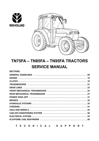 TN75FA – TN85FA – TN95FA TRACTORS
SERVICE MANUAL
SECTIONS
GENERAL GUIDELINES 00. . . . . . . . . . . . . . . . . . . . . . . . . . . . . . . . . . . . . . . . . . . . . . . . . . . . . .
ENGINE 10. . . . . . . . . . . . . . . . . . . . . . . . . . . . . . . . . . . . . . . . . . . . . . . . . . . . . . . . . . . . . . . . . . . . .
CLUTCH 18. . . . . . . . . . . . . . . . . . . . . . . . . . . . . . . . . . . . . . . . . . . . . . . . . . . . . . . . . . . . . . . . . . . . .
TRANSMISSIONS 21. . . . . . . . . . . . . . . . . . . . . . . . . . . . . . . . . . . . . . . . . . . . . . . . . . . . . . . . . . . .
DRIVE LINES 23. . . . . . . . . . . . . . . . . . . . . . . . . . . . . . . . . . . . . . . . . . . . . . . . . . . . . . . . . . . . . . . .
FRONT MECHANICAL TRANSMISSION 25. . . . . . . . . . . . . . . . . . . . . . . . . . . . . . . . . . . . . . . .
REAR MECHANICAL TRANSMISSION 27. . . . . . . . . . . . . . . . . . . . . . . . . . . . . . . . . . . . . . . . .
POWER TAKE–OFF 31. . . . . . . . . . . . . . . . . . . . . . . . . . . . . . . . . . . . . . . . . . . . . . . . . . . . . . . . . .
BRAKES 33. . . . . . . . . . . . . . . . . . . . . . . . . . . . . . . . . . . . . . . . . . . . . . . . . . . . . . . . . . . . . . . . . . . . .
HYDRAULIC SYSTEMS 35. . . . . . . . . . . . . . . . . . . . . . . . . . . . . . . . . . . . . . . . . . . . . . . . . . . . . . .
STEERING 41. . . . . . . . . . . . . . . . . . . . . . . . . . . . . . . . . . . . . . . . . . . . . . . . . . . . . . . . . . . . . . . . . . .
AXLE AND WHEELS 44. . . . . . . . . . . . . . . . . . . . . . . . . . . . . . . . . . . . . . . . . . . . . . . . . . . . . . . . . .
CAB AIR CONDITIONING SYSTEM 50. . . . . . . . . . . . . . . . . . . . . . . . . . . . . . . . . . . . . . . . . . . .
ELECTRICAL SYSTEM 55. . . . . . . . . . . . . . . . . . . . . . . . . . . . . . . . . . . . . . . . . . . . . . . . . . . . . . . .
PLATFORM, CAB, BODYWORK 90. . . . . . . . . . . . . . . . . . . . . . . . . . . . . . . . . . . . . . . . . . . . . . .
T E C H N I C A L S U P P O R T
 