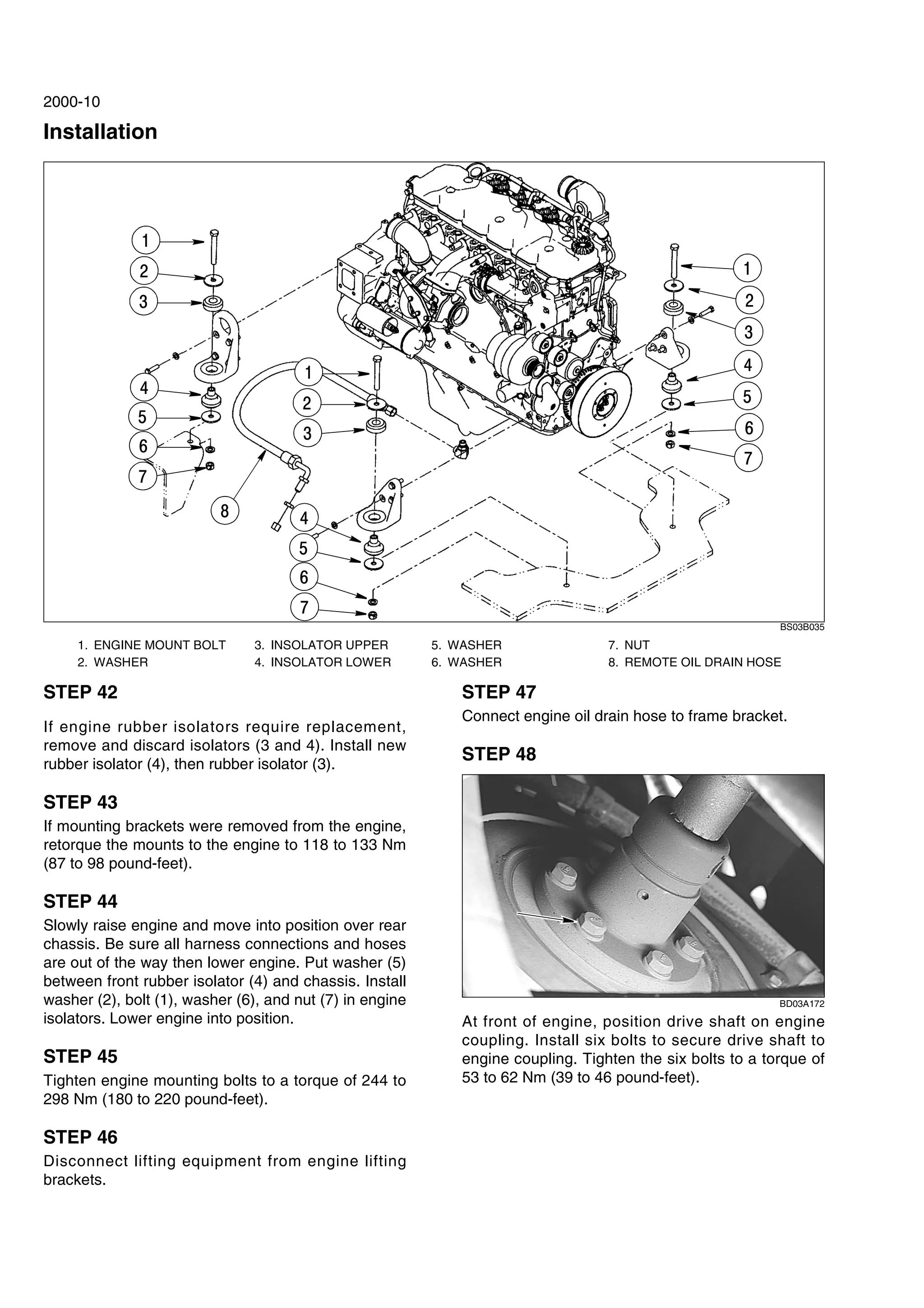 2000-10
Installation
BS03B035
STEP 42
If engine rubber isolators require replacement,
remove and discard isolators (3 and 4). Install new
rubber isolator (4), then rubber isolator (3).
STEP 43
If mounting brackets were removed from the engine,
retorque the mounts to the engine to 118 to 133 Nm
(87 to 98 pound-feet).
STEP 44
Slowly raise engine and move into position over rear
chassis. Be sure all harness connections and hoses
are out of the way then lower engine. Put washer (5)
between front rubber isolator (4) and chassis. Install
washer (2), bolt (1), washer (6), and nut (7) in engine
isolators. Lower engine into position.
STEP 45
Tighten engine mounting bolts to a torque of 244 to
298 Nm (180 to 220 pound-feet).
STEP 46
Disconnect lifting equipment from engine lifting
brackets.
STEP 47
Connect engine oil drain hose to frame bracket.
STEP 48
BD03A172
At front of engine, position drive shaft on engine
coupling. Install six bolts to secure drive shaft to
engine coupling. Tighten the six bolts to a torque of
53 to 62 Nm (39 to 46 pound-feet).
1. ENGINE MOUNT BOLT 3. INSOLATOR UPPER 5. WASHER 7. NUT
2. WASHER 4. INSOLATOR LOWER 6. WASHER 8. REMOTE OIL DRAIN HOSE
1
4
3
2
7
6
5
4
3
2
1
1
7
8
7
6
5
2
3
4
5
6
 
