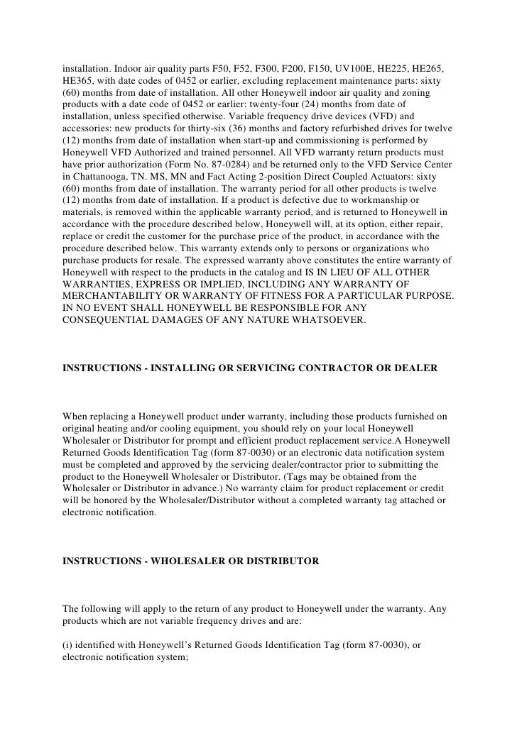New honeywell hvac warranty policy from