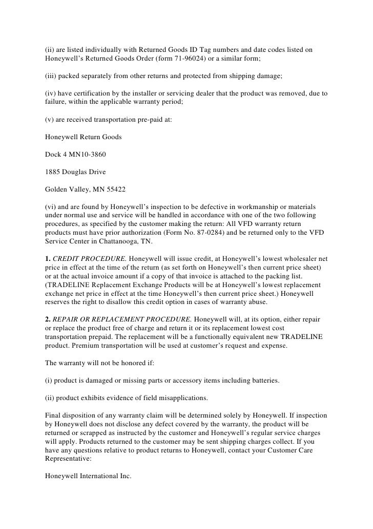 New honeywell hvac warranty policy from