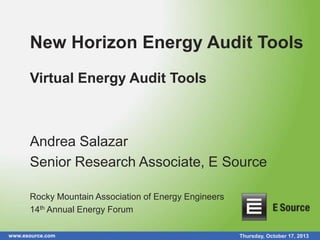 New Horizon Energy Audit Tools
Virtual Energy Audit Tools

Andrea Salazar
Senior Research Associate, E Source
Rocky Mountain Association of Energy Engineers
14th Annual Energy Forum
www.esource.com

Thursday, October 17, 2013

 