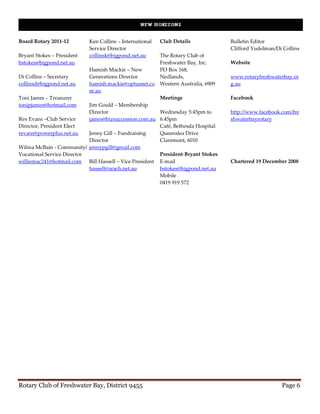 Board Rotary 2011-12        Ken Collins – International   Club Details              Bulletin Editor
                            Service Director                                        Clifford Yudelman/Di Collins
Bryant Stokes – President   collinsk@bigpond.net.au       The Rotary Club of
bstokes@bigpond.net.au                                    Freshwater Bay, Inc.      Website
                            Hamish Mackie – New           PO Box 168,
Di Collins – Secretary      Generations Director          Nedlands,                 www.rotaryfreshwaterbay.or
collinsd@bigpond.net.au     hamish.mackie@optusnet.co     Western Australia, 6909   g.au
                            m.au
Toni James – Treasurer                                    Meetings                  Facebook
tonipjames@hotmail.com      Jim Gould – Membership
                            Director                   Wednesday 5:45pm to          http://www.facebook.com/fre
Rex Evans –Club Service     james@bizsuccession.com.au 6:45pm                       shwaterbayrotary
Director, President Elect                              Café, Bethesda Hospital
revans@powerplus.net.au     Jenny Gill – Fundraising   Queenslea Drive
                            Director                   Claremont, 6010
Wilma McBain - Community/ jennypgill@gmail.com
Vocational Service Director                            President-Bryant Stokes
williemac241@hotmail.com Bill Hassell – Vice President E-mail                       Chartered 19 December 2008
                            hassell@arach.net.au       bstokes@bigpond.net.au
                                                       Mobile
                                                       0419 919 572




Rotary Club of Freshwater Bay, District 9455                                                            Page 6
 
