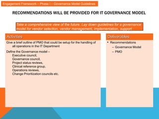 RECOMMENDATIONS WILL BE PROVIDED FOR IT GOVERNANCE MODEL
Take a comprehensive view of the future. Lay down guidelines for a governance
model for vendor selection, vendor management, implementation, support
Activities Deliverables
Give a brief outline of PMO that could be setup for the handling of
all operations in the IT Department
Define the Governance model –
Executive council,
Governance council,
Project status reviews,
Clinical reference group,
Operations reviews,
Change Prioritization councils etc.
• Recommendations
– Governance Model
– PMO
Engagement Framework – Phase I – Governance Model Guidelines
 