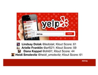 Lindsay Dolak @ledolak; Klout Score: 61
Arielle Franklin @arf521; Klout Score: 59
Dana Kappel @drk91; Klout Score: 44
Heidi Smolevitz @heidi_smolevitz; Klout Score: 61
#SUYelp
#SUYelp
 