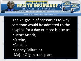 kl The 2 nd  group of reasons as to why someone would be admitted to the hospital for a day or more is due to: Heart Attack,  Stroke,  Cancer,  Kidney Failure or  Major Organ transplant.  www.How2SaveOnHealthInsurance.com 