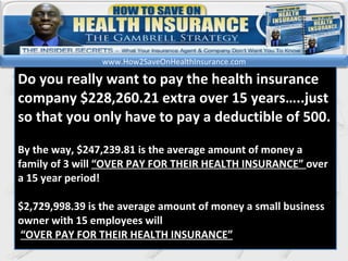 kl Do you really want to pay the health insurance company $228,260.21 extra over 15 years…..just so that you only have to pay a deductible of 500. By the way, $247,239.81 is the average amount of money a family of 3 will  “OVER PAY FOR THEIR HEALTH INSURANCE”  over a 15 year period! $2,729,998.39 is the average amount of money a small business owner with 15 employees will “ OVER PAY FOR THEIR HEALTH INSURANCE”   www.How2SaveOnHealthInsurance.com 