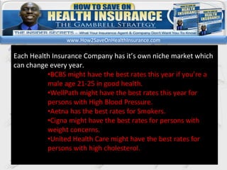 kl Each Health Insurance Company has it’s own niche market which can change every year.  BCBS might have the best rates this year if you’re a male age 21-25 in good health. WellPath might have the best rates this year for persons with High Blood Pressure. Aetna has the best rates for Smokers. Cigna might have the best rates for persons with weight concerns. United Health Care might have the best rates for persons with high cholesterol. www.How2SaveOnHealthInsurance.com 