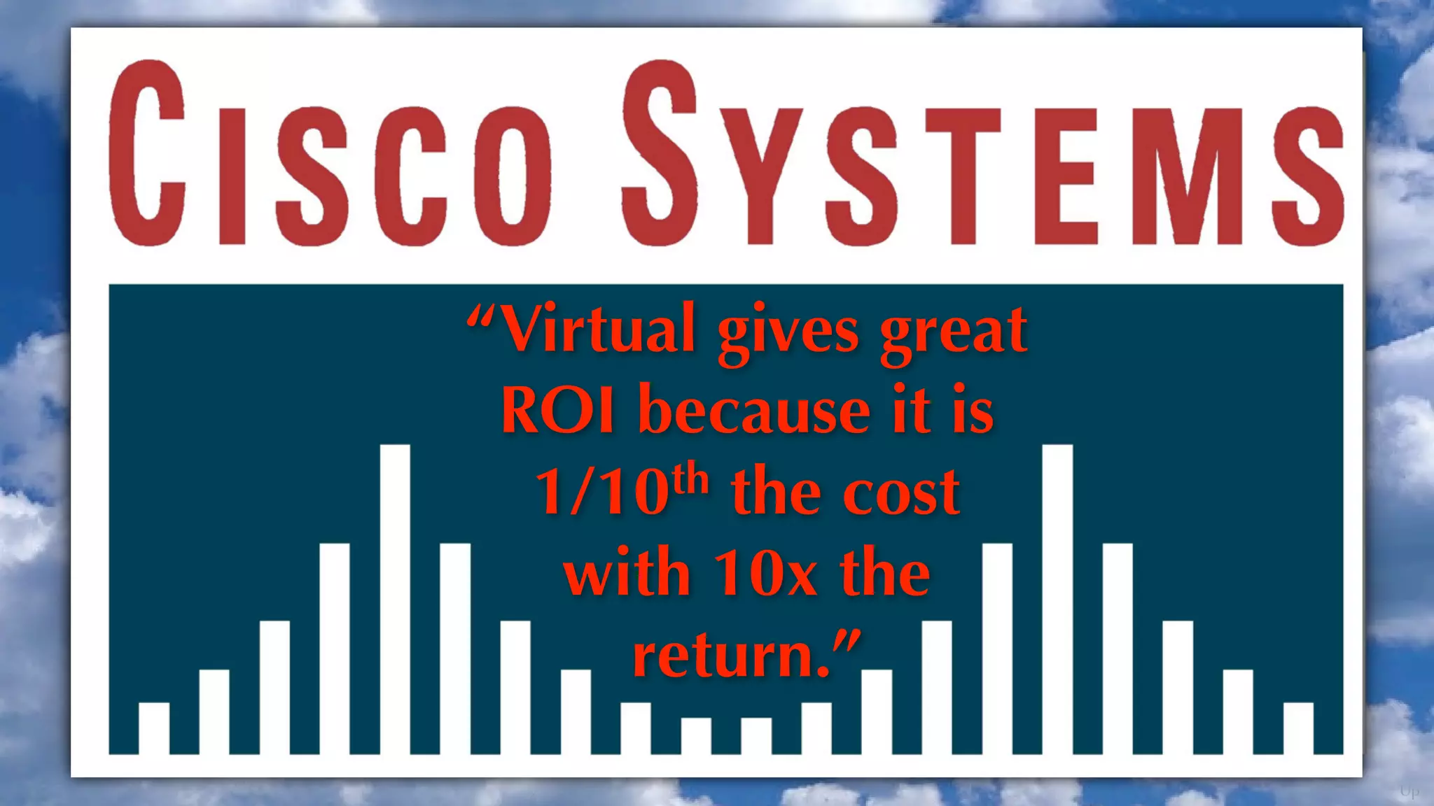 “Virtual gives great
 ROI because it is
  1/10 th the cost

   with 10x the
      return.”
                       Up
 