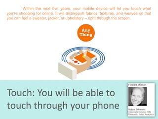 Within the next five years, your mobile device will let you touch what
you’re shopping for online. It will distinguish fabrics, textures, and weaves so that
you can feel a sweater, jacket, or upholstery – right through the screen.

Touch: You will be able to
touch through your phone

 