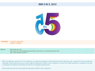 IBM 5 IN 5, 2012

Created By:

Anurag S. Vasanwala
Dalpat J. Prajapati

Source:

http://www.ibm.com
http://www.ibm.com/smarterplanet/us/en/ibm_predictions_for_future/ideas/index.html
http:// www.youtube.com/ibm

IBM®, the IBM logo, and ibm.com® are trademarks or registered trademarks of International Business Machines Corp., registered in many jurisdictions
worldwide. Other product and service names might be trademarks of IBM or other companies. A current list of IBM trademarks is available on the web
at Copyright and trademark information at www.ibm.com/legal/copytrade.shtml.
Other product and service names might be trademarks of IBM or other companies.

 