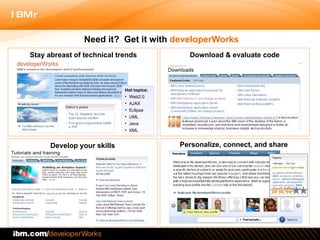 Need it?  Get it with  developerWorks   Hot topics:  Web2.0 AJAX Eclipse UML Java XML Develop your skills Personalize, connect, and share Stay abreast of technical trends Download & evaluate code 