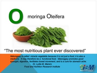 “The most nutritious plant ever discovered”
O moringa Oleifera
Malunggay is called miracle vegetable because it is not just a food, it is also a
medicine. It may therefore be a functional food. Malunggay promotes good
eyesight, digestion, facilitates bowel movement, and is a cure for stomach ache.
Dr. Lydia M. Marero
Food and Nutrition Research Institute
 