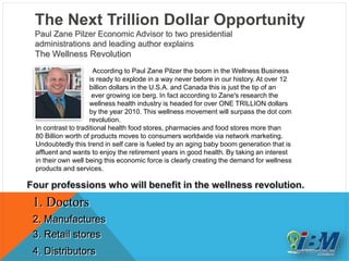The Next Trillion Dollar Opportunity
Paul Zane Pilzer Economic Advisor to two presidential
administrations and leading author explains
The Wellness Revolution
According to Paul Zane Pilzer the boom in the Wellness Business
is ready to explode in a way never before in our history. At over 12
billion dollars in the U.S.A. and Canada this is just the tip of an
ever growing ice berg. In fact according to Zane's research the
wellness health industry is headed for over ONE TRILLION dollars
by the year 2010. This wellness movement will surpass the dot com
revolution.
In contrast to traditional health food stores, pharmacies and food stores more than
80 Billion worth of products moves to consumers worldwide via network marketing.
Undoubtedly this trend in self care is fueled by an aging baby boom generation that is
affluent and wants to enjoy the retirement years in good health. By taking an interest
in their own well being this economic force is clearly creating the demand for wellness
products and services.
Four professions who will benefit in the wellness revolution.
1. Doctors
2. Manufactures
3. Retail stores
4. Distributors
 