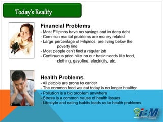 Today’s Reality
Financial Problems
- Most Filipinos have no savings and in deep debt
- Common marital problems are money related
- Large percentage of Filipinos are living below the
poverty line
- Most people can’t find a regular job
- Continuous price hike on our basic needs like food,
clothing, gasoline, electricity, etc.
Health Problems
- All people are prone to cancer
- The common food we eat today is no longer healthy
- Pollution is a big problem anywhere
- Stress is a common cause of health issues
- Lifestyle and eating habits leads us to health problems
 