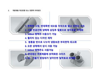2. 개발제품 개선방향 또는 경쟁력 우위방안
1. 한쪽면 고정, 반대쪽면 네오듐 자석으로 열고 닫히는 구조
2. 사출 빈공간에 냉매제 삽입후 밀봉으로 냉각효율 극대화
3. 500ml 병맥주 사용크기 가능
4. 퀄리티 있는 디자인 제작
5. 원통을 반으로 나누어 냉동보관 부피면적 최소화
6. 오픈 상태에서 상시 사용 가능
7. 640ml 병맥주도 사용가능
8. 국내생산 주류제품에 최적화된 사이즈
9. 45。기울기 받침대가 냉각단면 밀착효과 최대화.
 