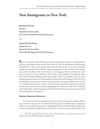 The Hugh L. Carey Center for Government Reform • Wagner College




New Immigrants to New York

Joseph J. Salvo
Director,
...