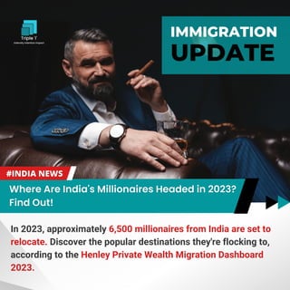 In 2023, approximately 6,500 millionaires from India are set to
relocate. Discover the popular destinations they're flocking to,
according to the Henley Private Wealth Migration Dashboard
2023.
IMMIGRATION
UPDATE
 