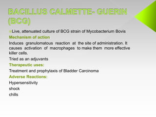 Live, attenuated culture of BCG strain of Mycobacterium Bovis
Mechanism of action:
Induces granulomatous reaction at the site of administration. It
causes activation of macrophages to make them more effective
killer cells.
Tried as an adjuvants
Therapeutic uses:
Treatment and prophylaxis of Bladder Carcinoma
Adverse Reactions:
Hypersensitivity
shock
chills
 
