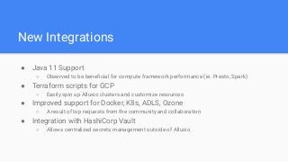 New Integrations
● Java 11 Support
○ Observed to be beneﬁcial for compute framework performance (ie. Presto, Spark)
● Terraform scripts for GCP
○ Easily spin up Alluxio clusters and customize resources
● Improved support for Docker, K8s, ADLS, Ozone
○ A result of top requests from the community and collaboration
● Integration with HashiCorp Vault
○ Allows centralized secrets management outside of Alluxio
 