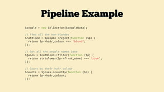 $people = new Collection($peopleData);
// Find all the non-blondes
$notBlond = $people->reject(function ($p) {
return $p->hair_colour === ‘blond’;
});
// Get all the people named jose
$joses = $notBlond->filter(function ($p) {
return strtolower($p->first_name) === ‘jose’;
});
// Count by their hair colour
$counts = $joses->countBy(function ($p) {
return $p->hair_colour;
});
Pipeline Example
 