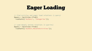 // Find articles and eager load relations (1 query)
$query = $articles->find()
->contain([‘Authors’, ‘Categories’]);
// Load deeply nested relations (2 queries)
$query = $articles->find()
->contain([‘Authors.RecentActivities’]);
Eager Loading
 