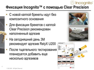 9
Фиксация Incognito™ с помощью Clear Precision
 С новой каппой брекеты идут без
композитного основания
 Для фиксации брекетов с каппой
Clear Precision рекомендован
наполненный адгезив
 На сегодняшний день 3М
рекомендует адгезив RelyX U200
 После тщательного тестирования
планируется добавить еще
несколько адгезивов
© 3M 2009. All Rights Reserved.
X
 