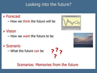 Looking into the future?
 Forecast
− How we think the future will be
 Vision
− How we want the future to be
 Scenario
− What the future can be
Scenarios: Memories from the future
?
?
? ?
 