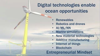 Digital technologies enable
ocean opportunities
• Renewables
• Robotics and drones
• AI/ML/NN
• Marine simulations
• New material technologies
• Additive manufacturing
• Internet of things
• Blockchain
Entrepreneurial Mindset
 