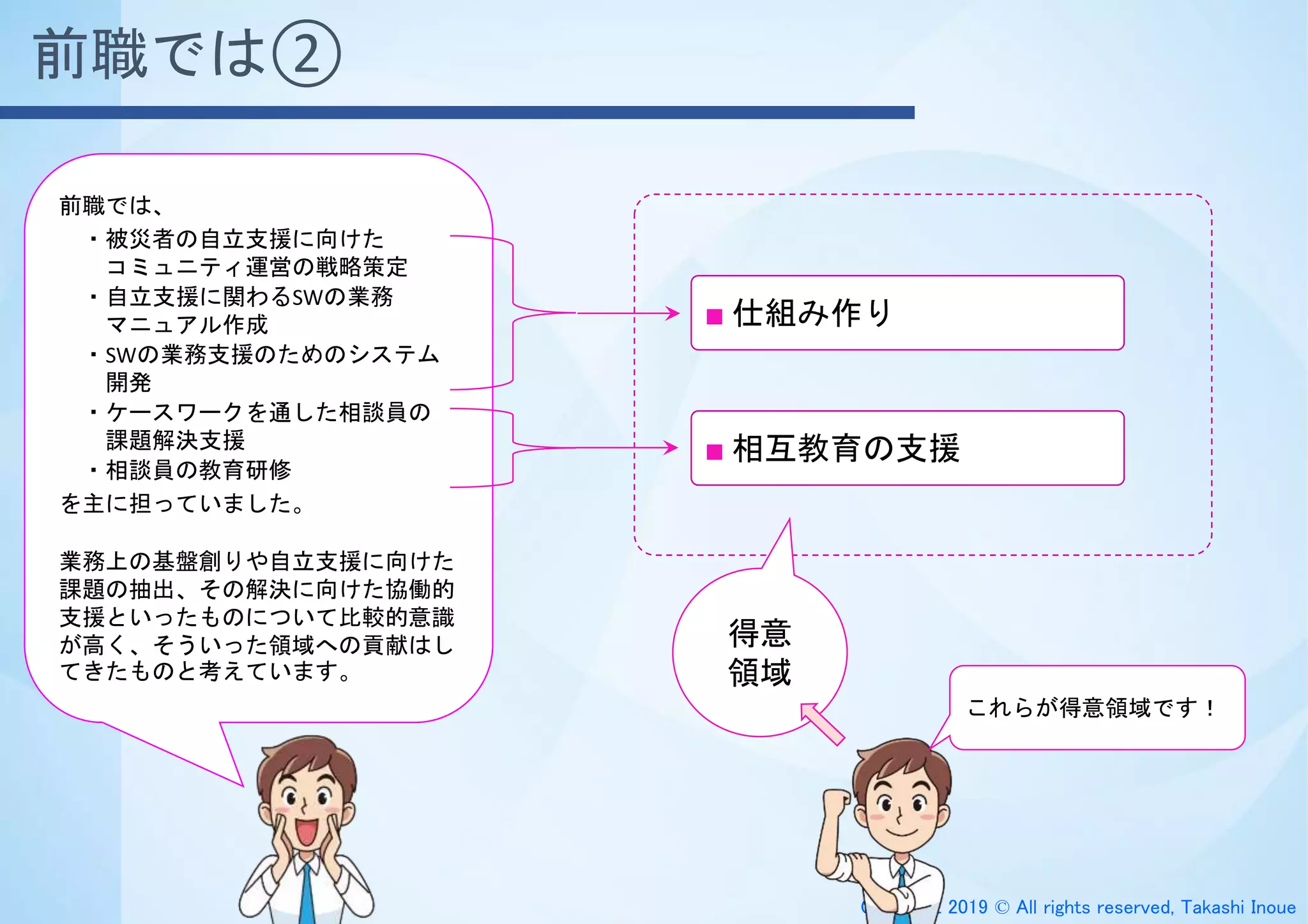 Copyright 2019 © All rights reserved, Takashi Inoue
前職では、
・被災者の自立支援に向けた
コミュニティ運営の戦略策定
・自立支援に関わるSWの業務
マニュアル作成
・SWの業務支援のためのシステム
開発
・ケースワークを通した相談員の
課題解決支援
・相談員の教育研修
を主に担っていました。
業務上の基盤創りや自立支援に向けた
課題の抽出、その解決に向けた協働的
支援といったものについて比較的意識
が高く、そういった領域への貢献はし
てきたものと考えています。
前職では②
■ 仕組み作り
■ 相互教育の支援
得意
領域
これらが得意領域です！
 