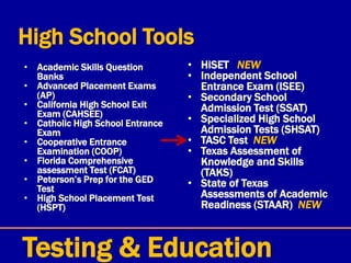 High School Tools
• Academic Skills Question
Banks
• Advanced Placement Exams
(AP)
• California High School Exit
Exam (CAHSEE)
• Catholic High School Entrance
Exam
• Cooperative Entrance
Examination (COOP)
• Florida Comprehensive
assessment Test (FCAT)
• Peterson’s Prep for the GED
Test
• High School Placement Test
(HSPT)
• HiSET NEW
• Independent School
Entrance Exam (ISEE)
• Secondary School
Admission Test (SSAT)
• Specialized High School
Admission Tests (SHSAT)
• TASC Test NEW
• Texas Assessment of
Knowledge and Skills
(TAKS)
• State of Texas
Assessments of Academic
Readiness (STAAR) NEW
Testing & Education
 