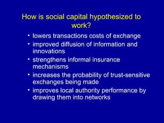 How is social capital hypothesized to work? lowers transactions costs of exchange improved diffusion of information and  innovations  strengthens informal insurance mechanisms increases the probability of trust-sensitive exchanges being made improves local authority performance by drawing them into networks 